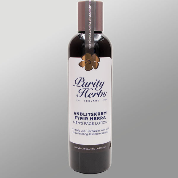 Bottle of Purity Herbs men's face lotion on a gray background