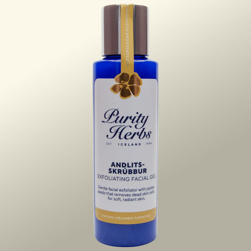 Blue bottle of Purity Herbs Andlitskrúbbur - Exfoliating Facial Gel on a light background 