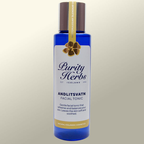 Bottle of Purity Herbs Andlitsvatn Facial Tonic on a light background