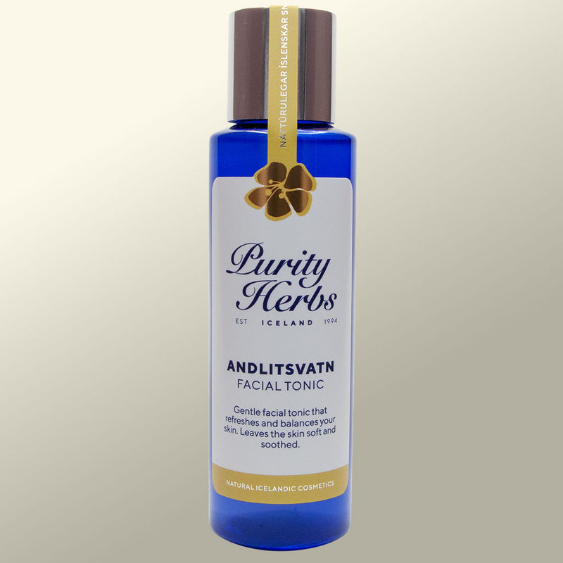 Bottle of Purity Herbs Andlitsvatn Facial Tonic on a light background