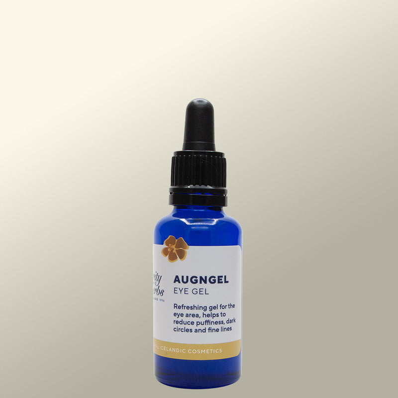 Blue bottle of Purity Herbs Augngel -Eye Gel with dropper on a light background