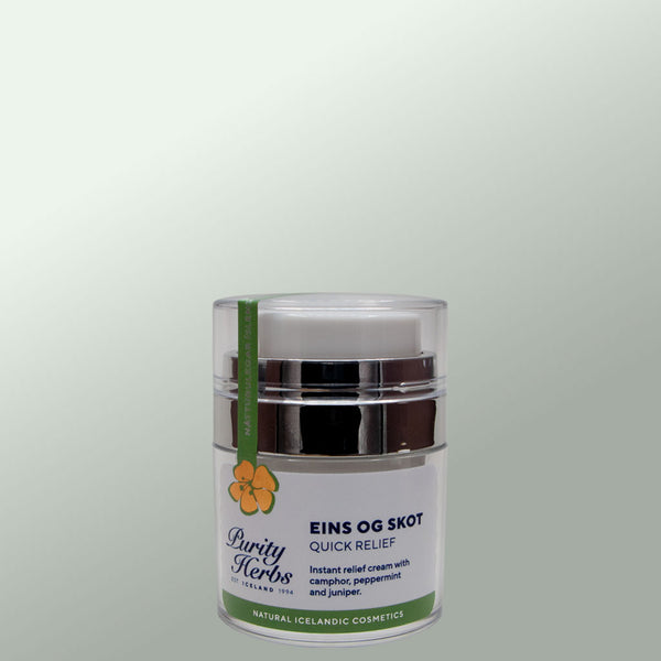 Eins og Skot - Quick Relief Cream jar with 'Purity Herbs' label on a light grey background