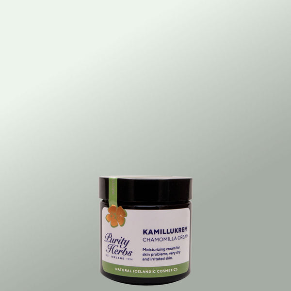 Jar of Purity Herbs Kamillukrem Chamomilla Cream on a light gray background