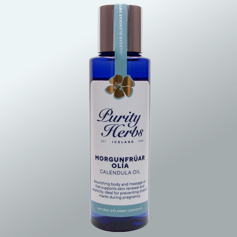 Bottle of Purity Herbs Morgunfrúarolía -Calendula Oil on a light gray background