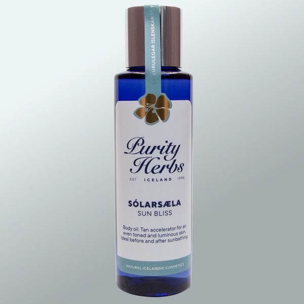 Bottle of Purity Herbs Solarsala Sun Bliss on a light gray background