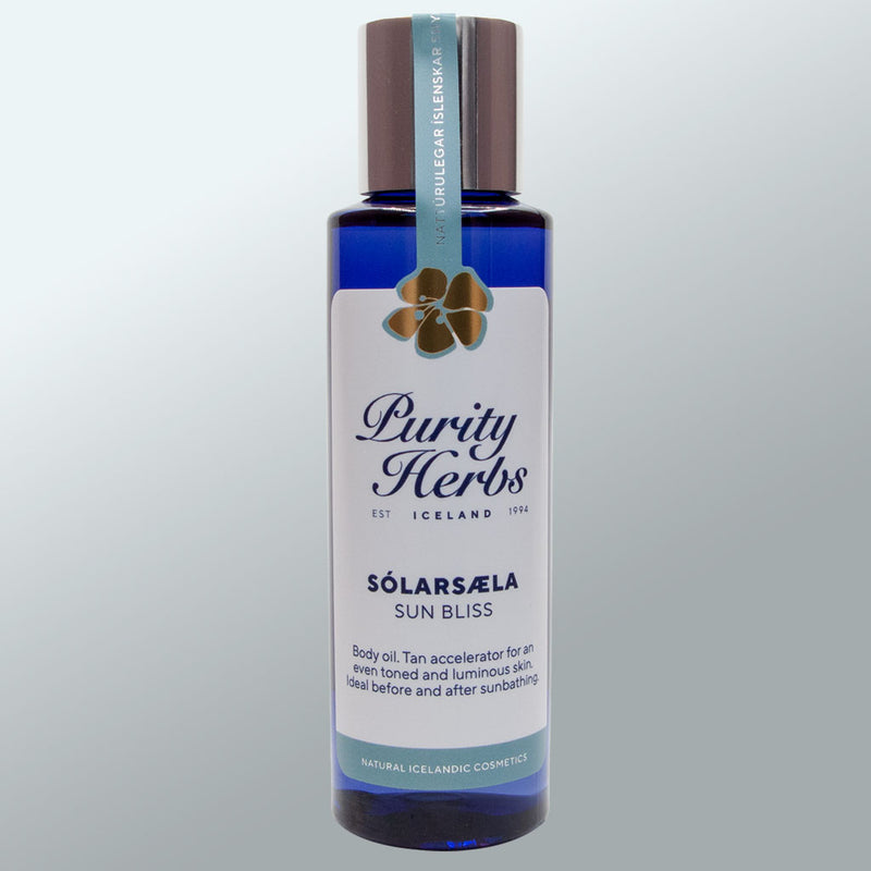 Bottle of Purity Herbs Solarsala Sun Bliss on a light gray background