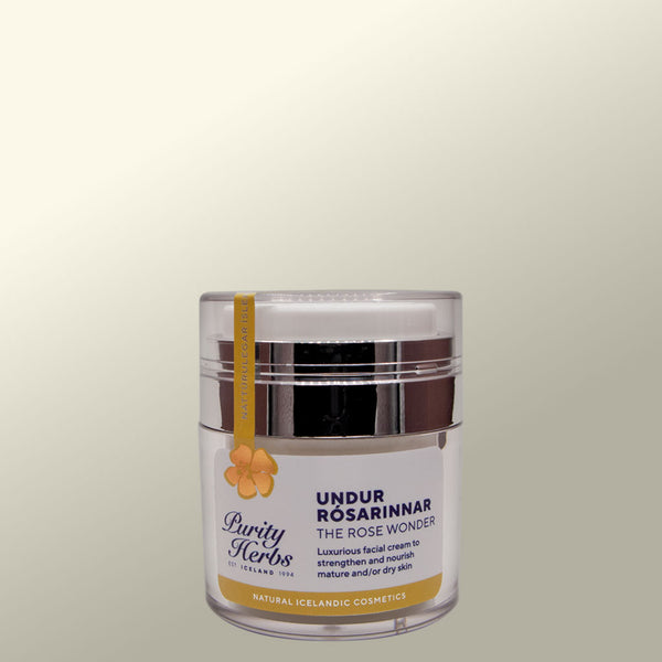 Purity Herbs Undur Rósarinnar - The Rose Wonder Cosmetic jar light background