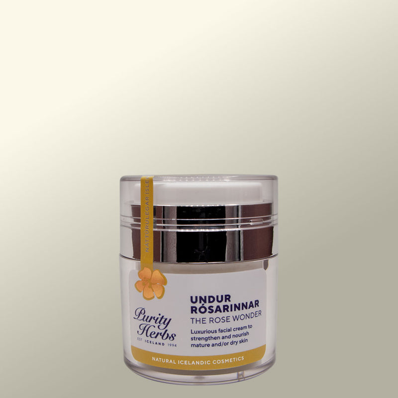 Purity Herbs Undur Rósarinnar - The Rose Wonder Cosmetic jar light background